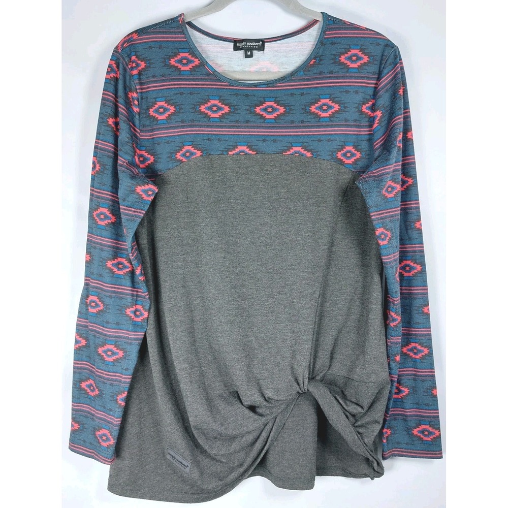 Simply Southern Womens Medium Boho Gray Red Teal Aztec Shirt